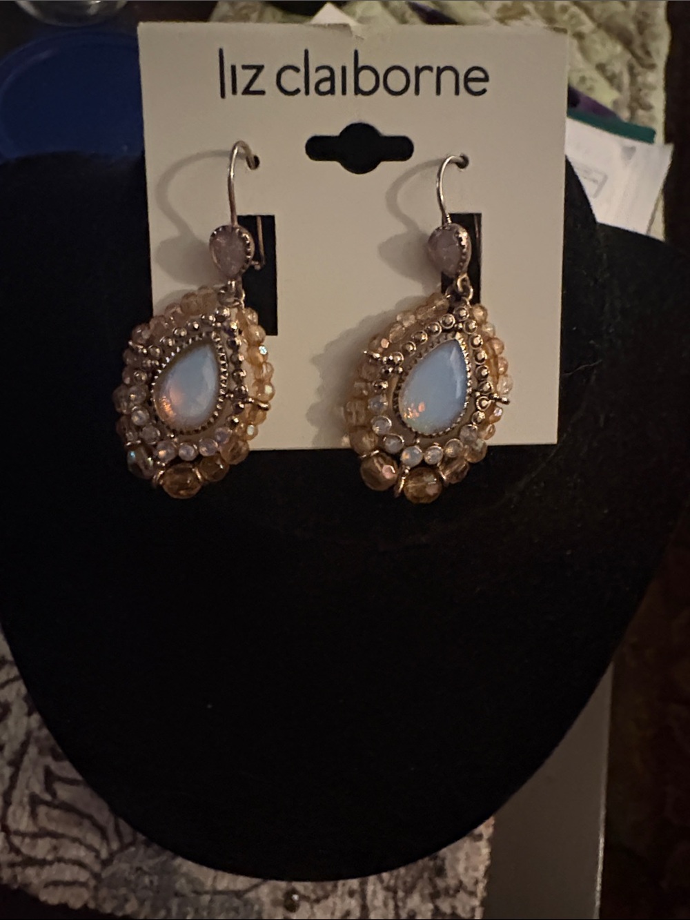 Liz Claiborne Gold-Tone Teardrop Opalescent Dangle Earrings NWT